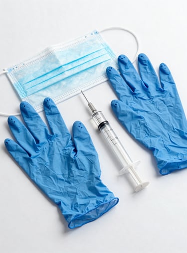 A crisp, high-key studio photograph of blue nitrile gloves, surgical masks, and sterile syringes arranged neatly on a white surface. Bright, even clinical lighting suitable for a professional North American medical brand.