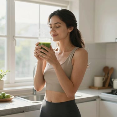 Woman drinking matcha tea for weight loss with Matcha Suri natural fat burning drink