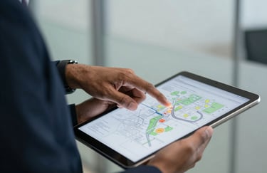A close-up photograph of a professional hand pointing at a site plan on a tablet, held by a person in business attire in a South Asian / Indian office setting. Soft focus on the background featuring Light Grey-Green office accents.