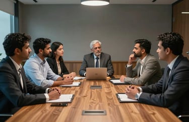 A group of South Asian / Indian professionals engaged in a collaborative discussion around a large wooden table in a high-end, contemporary boardroom. The lighting is sophisticated, emphasizing a professional mood.