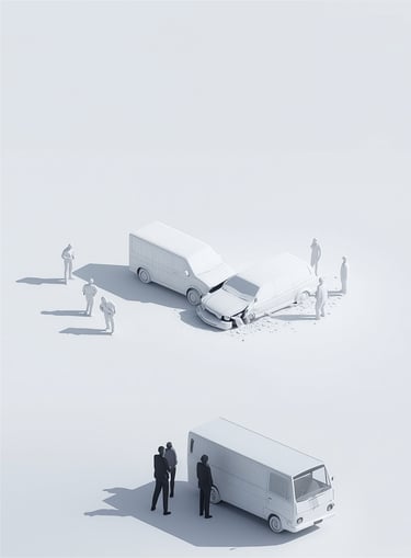 ccident scene reconstruction with a van and car collision, and people assessing damage for claims management.
