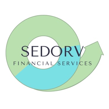 green and turquoise data circle with upward arrow and words that say Sedorv Financial Services