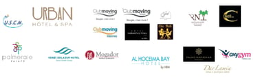 Collection of luxury hotel and fitness club logos including Urban Hotel and Spa, Mogador, and Kenzi Solazur.