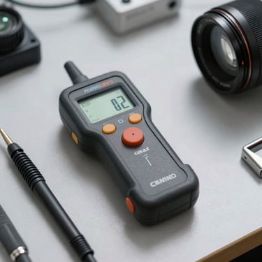 A close-up of a high-tech voltage tester and professional tools laid out neatly on a clean workspace, showcasing modern methods and accuracy.