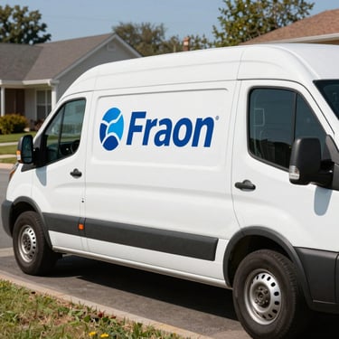 A clean, white service van with a professional logo parked in a sunny North American suburban neighborhood, conveying reliability and local service.