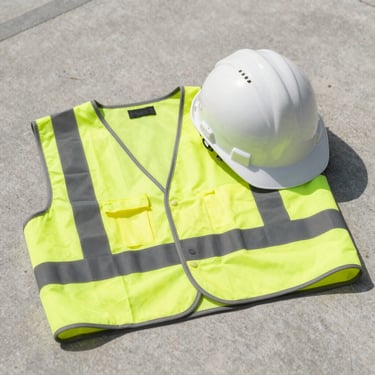 Still life photography of a new high-visibility safety vest and a modern construction helmet resting on a clean concrete surface, bright daylight, Central European / German industrial style.