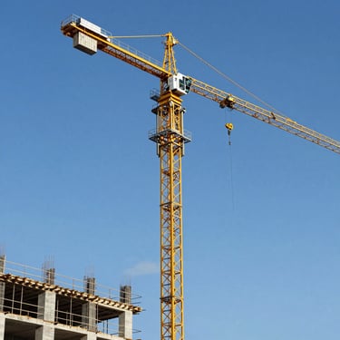 A low-angle shot of a massive yellow tower crane reaching into a clear blue sky above a modern residential construction project in Germany, sharp focus.
