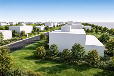 Conjunto de viviendas en barrio privado con planificación urbana y diseño moderno