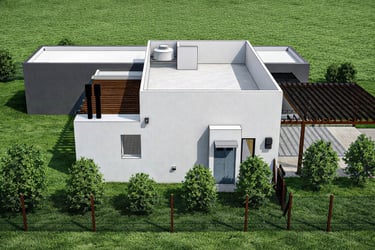 Render de vivienda con patio interior y muros texturados