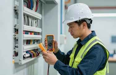 A professional technician in a safety vest and helmet checking a digital multimeter during an electrical installation. Reliable and modern vibe with sharp focus and cool tones (#34495E).