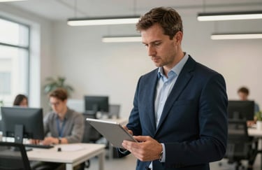 A professional logistics manager holding a digital tablet in a modern Central European / Polish office environment, navy blue and soft off-white color palette.
