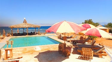 Swimming pool with sea view on the beach holidays in Egypt