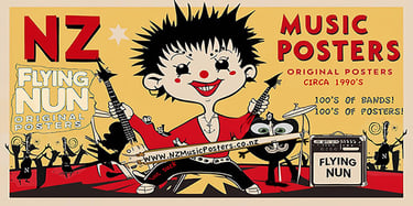 NZ Music Posters, The Largest collection of original gig posters cira 1990's, Flying Nun and many Local bands logo