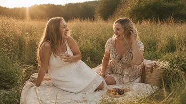 Two women laughing while enjoying a summer picnic at golden hour in a grassy field.