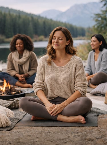 Diverse women practicing outdoor meditation and mindfulness by a lakeside campfire in the mountains.