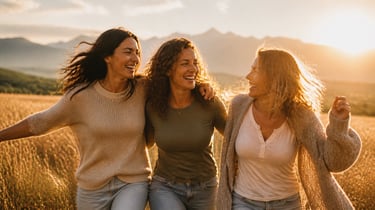 Three happy female friends walking through a golden field at sunset with mountains in the background.