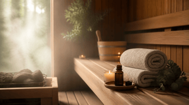 Relaxing wooden sauna interior with essential oils, rolled towels, and a steaming bucket.