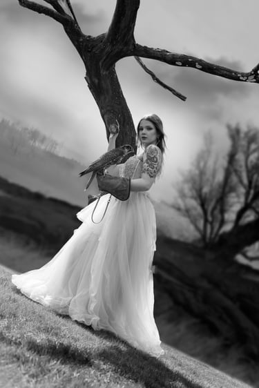 Outdoor-Portrait mit Falke unter altem Baum, Schwarz-Weiss-Fotografie, natürliches Shooting in Graubünden