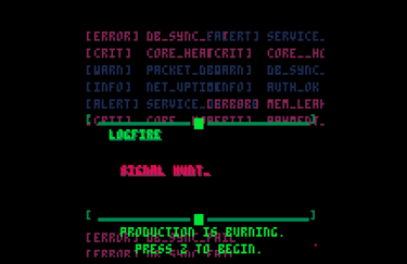 Retro 8-bit style terminal screen showing error logs, system alerts, and a signal hunt prompt.