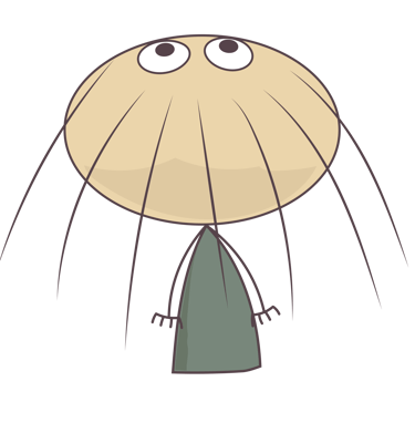 Quirky cartoon character with a large oval head, long thin hair, and wide eyes looking up.