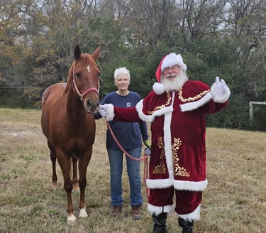 The Santa Cowboy with horse Gracey an d owner Nancy