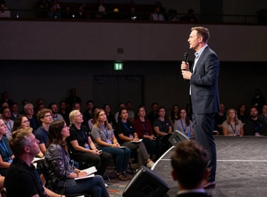 A high-contrast photo of a professional motivational speaker on a stage looking out toward an engaged audience in a North American conference hall.