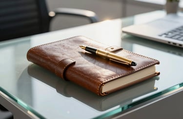 A premium leather-bound journal and a gold fountain pen resting on a modern glass desk in a North American corporate office at sunrise.