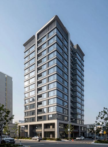 An outdoor shot of a modern real estate development in a North American city, featuring clean lines and sophisticated glass architecture under a clear blue sky.