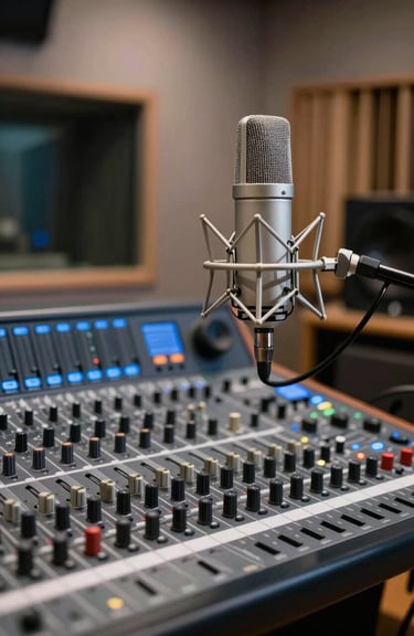 A professional recording studio setup in a North American building, focusing on a high-end microphone and mixing board with Slate Blue lighting accents.