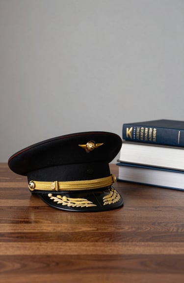 A clean, minimalist arrangement of a Marine Corps dress cap on a mahogany surface next to a stack of business leadership books.