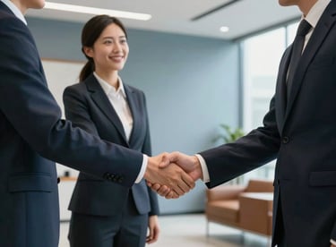 A lifestyle shot of two professionals in sharp, modern business attire shaking hands in a bright North American office lobby with Slate Blue walls.