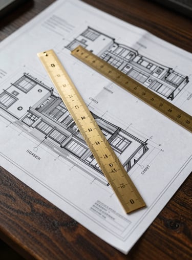 Detailed architectural blueprints for a modern commercial real estate project spread across a dark wood table with a Muted Gold scale ruler.