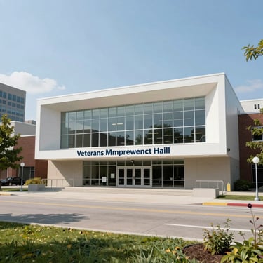 A wide-angle shot of a bright, modern community hall in a North American city, prepared for a professional veterans empowerment event.