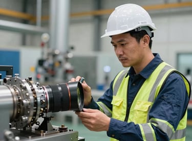 A professional Southeast Asian engineer in high-visibility gear inspecting industrial components.