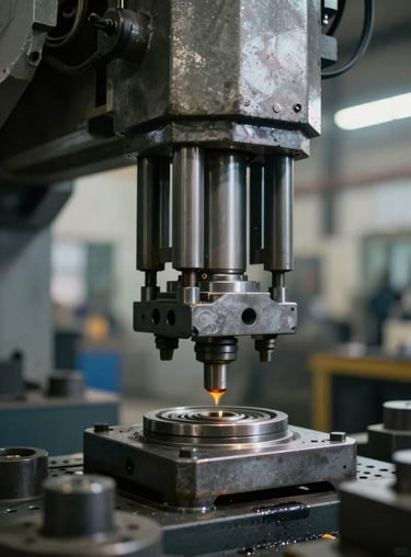 Heavy-duty stamping standard parts inside an Indonesian automotive component factory.