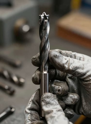 Detailed shot of a specialized industrial drill bit held by a gloved hand in a workshop.