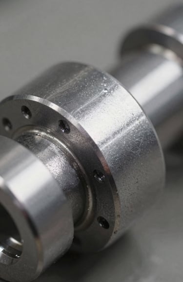 Close-up of polished metallic industrial parts showing precise craftsmanship and grey textures.