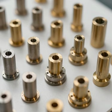 Precision-engineered mold standard parts arranged neatly with golden metallic highlights.