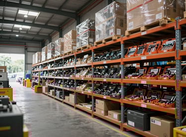 A modern, organized industrial warehouse in Jakarta storing premium tool sets.
