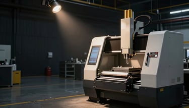 Macro photography of high-precision carbide cutting tools on a dark, professional workshop surface in Indonesia.