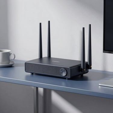 A modern mesh Wi-Fi router and a smart hub sitting on a minimalist steel blue shelf in a well-lit North American home office.