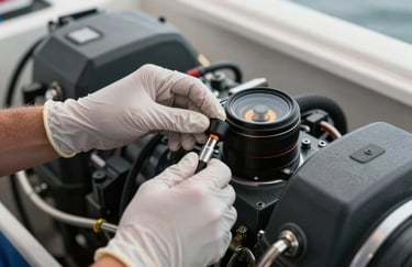 Technician hands wearing clean gloves, carefully adjusting a sensor on a boat engine, emphasizing refined expertise.