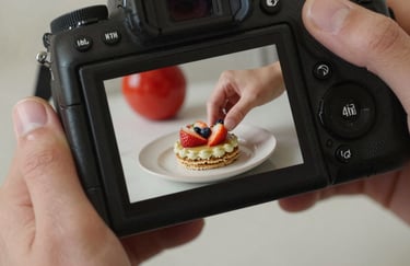 Close-up of a professional camera screen displaying a beautifully styled food photo, a photographer's hand adjusting a Crimson-colored prop in the background. Soft lighting.