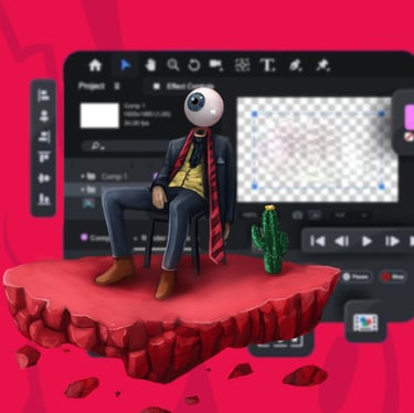 Surreal eyeball character in a suit sitting on a red floating rock with video editing software background.