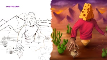 Surreal digital illustration showing a sketch and colored version of a cheese-headed man spinning a top in a desert.