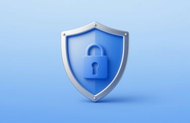Minimalist icon of a digital security shield, metallic finish, set against a professional soft blue background, #0A1C2C accents.