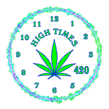 Neon green cannabis leaf clock with High Times and 420 text inside a glowing smoke ring.