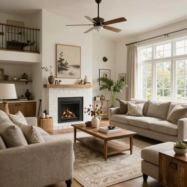 A soft watercolor illustration of blooming flowers framing a cozy home window.