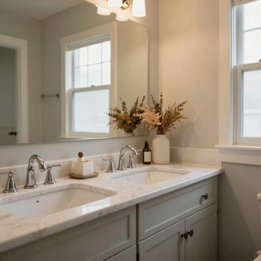 Soft morning light filters through a tidy, cozy living room with fresh flowers on the table.