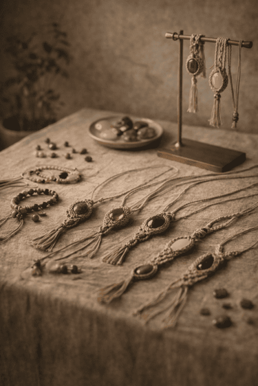 Exhibicion de joyeria en macrame, sobre una mesa 